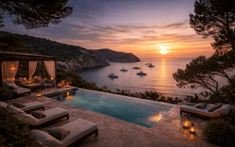 Atardecer en villa de lujo en Ibiza